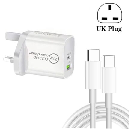 SDC-20WA+C 20W PD and QC3.0 Dual-Port Charger with USB-C Cable, UK Plug