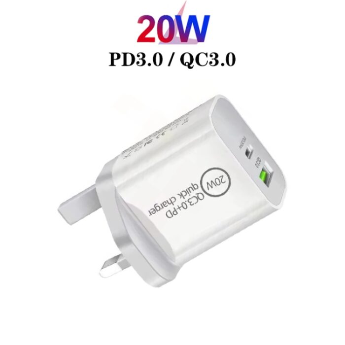 SDC-20WA+C 20W PD and QC3.0 Dual-Port Charger with USB-C Cable, UK Plug - Image 2