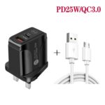 25W PD and QC3.0 Dual-Port Fast Charger with Micro USB Cable, UK Plug - Image 3