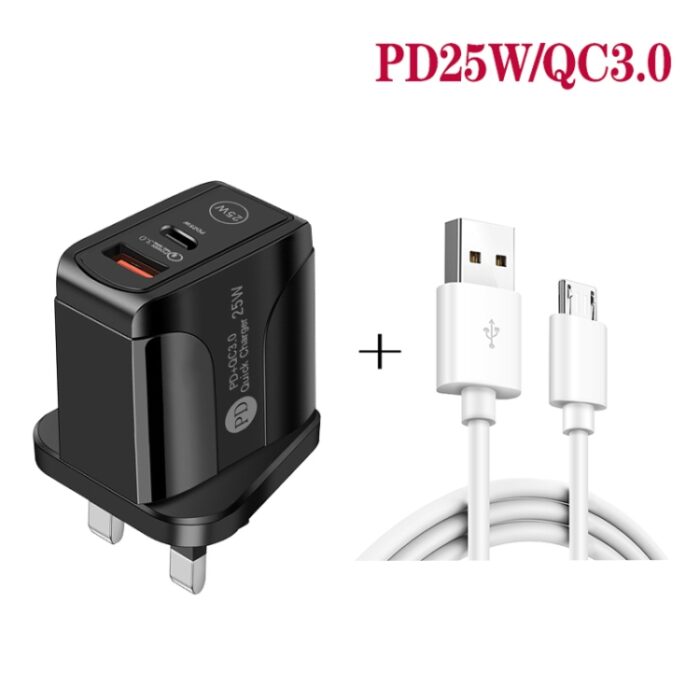 25W PD and QC3.0 Dual-Port Fast Charger with Micro USB Cable, UK Plug - Image 3