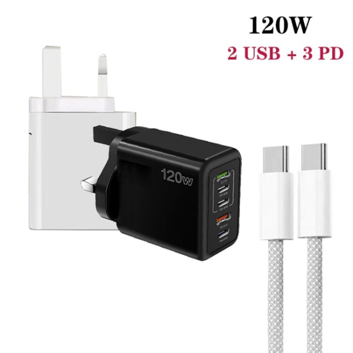120W 5-Port PD and QC3.0 Multi Charger with USB-C Cable, UK Plug - Image 3