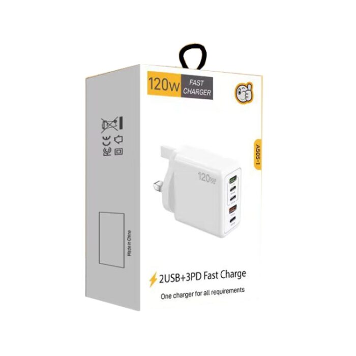 120W 5-Port PD and QC3.0 Multi Charger with USB-C Cable, UK Plug - Image 8