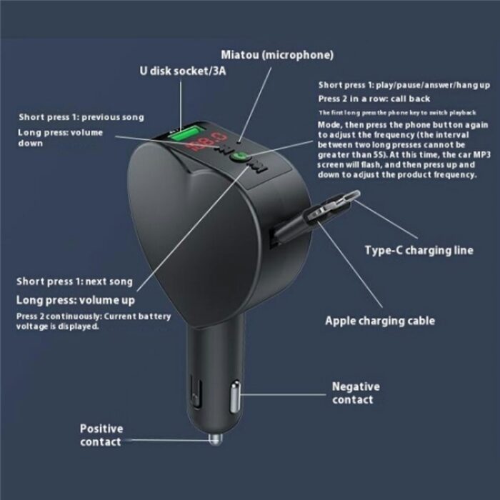 Y2 Bluetooth Car MP3 Player & FM Transmitter with Retractable USB-C Cables - Image 8
