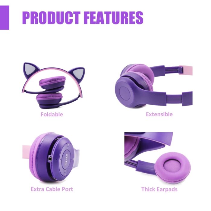 P47M Cat Ear LED Wireless Bluetooth Headphones - Image 3