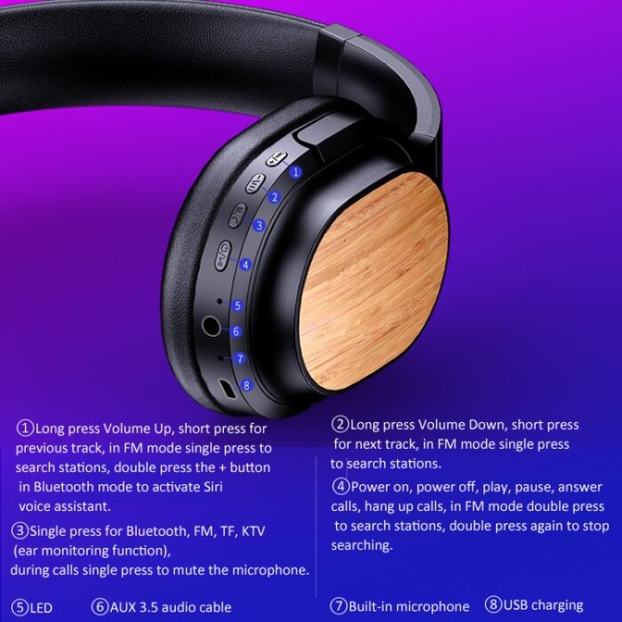 Bamboo Wood Bluetooth Headphones with Sound Card, TF Card, FM, AUX - Image 14