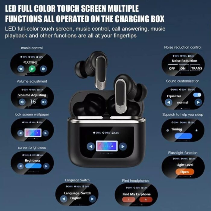 V8 ANC Wireless Earbuds with Colour Touch Screen Case - Image 3