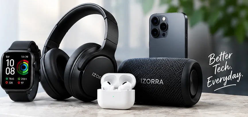 IZORRA smartwatch, wireless headphones, earbuds charging case and Bluetooth speaker