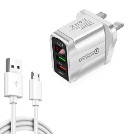 F002C 20W QC3.0 USB Fast Charger with LED Display and Micro USB Cable, UK Plug