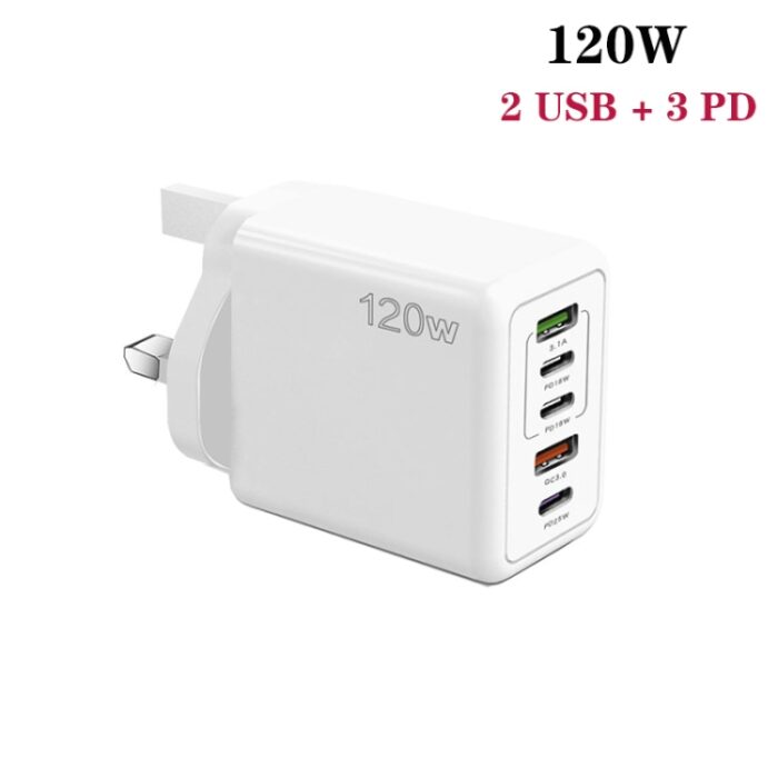 120W 5-Port PD and QC3.0 Multi Charger with USB-C Cable, UK Plug - Image 2