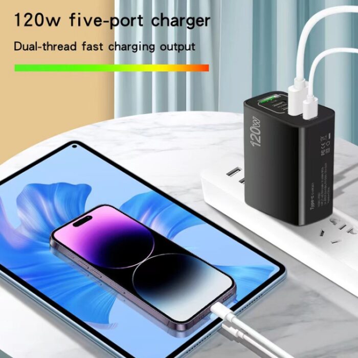 120W 5-Port PD and QC3.0 Multi Charger with USB-C Cable, UK Plug - Image 6