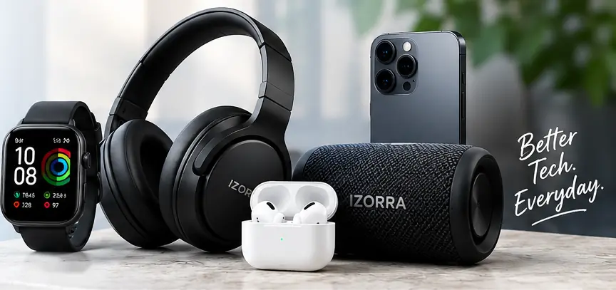 IZORRA smartwatch, wireless headphones, earbuds charging case and Bluetooth speaker
